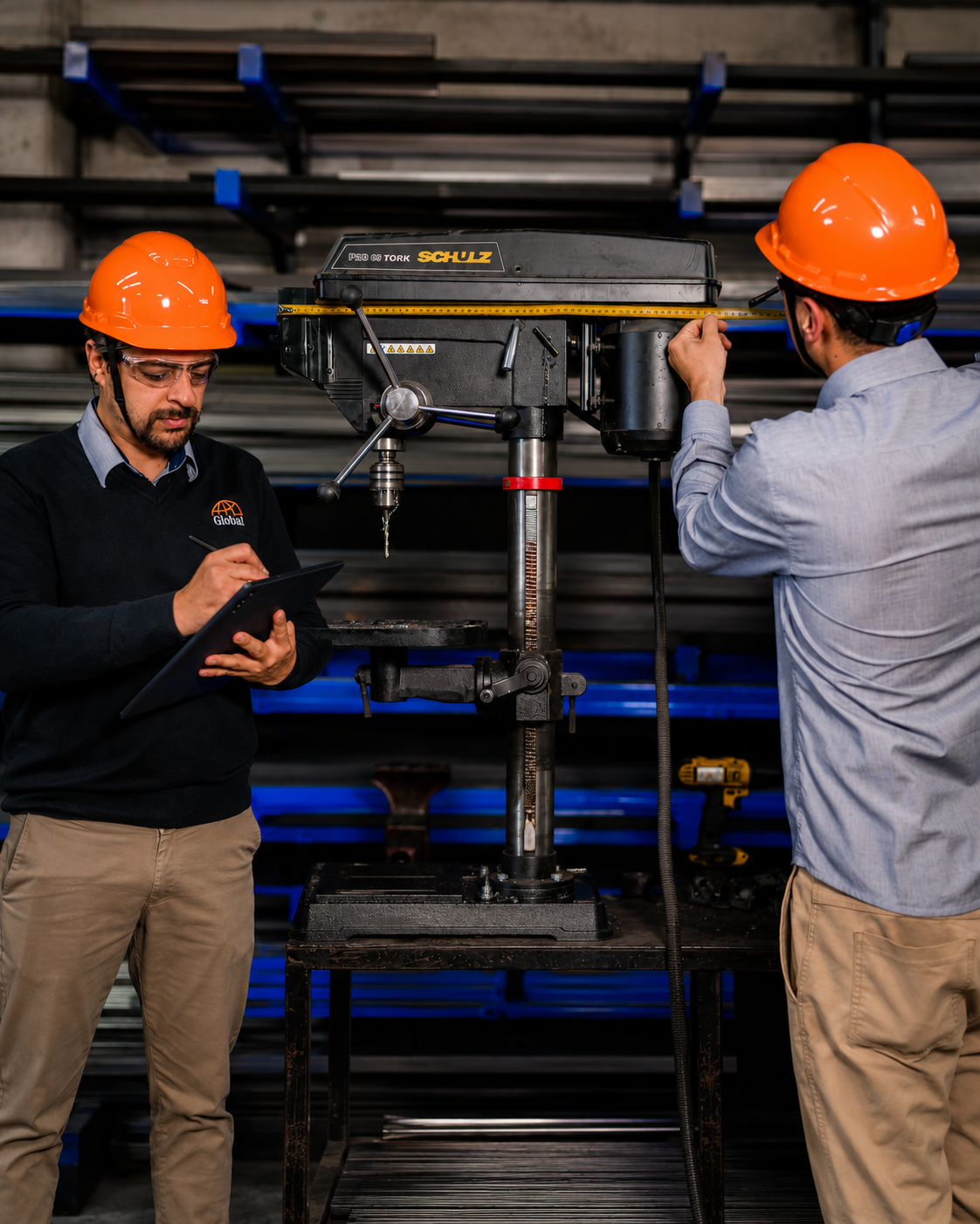 Profissionais da Global Segurança em Máquinas realizando medição técnica em equipamento industrial.